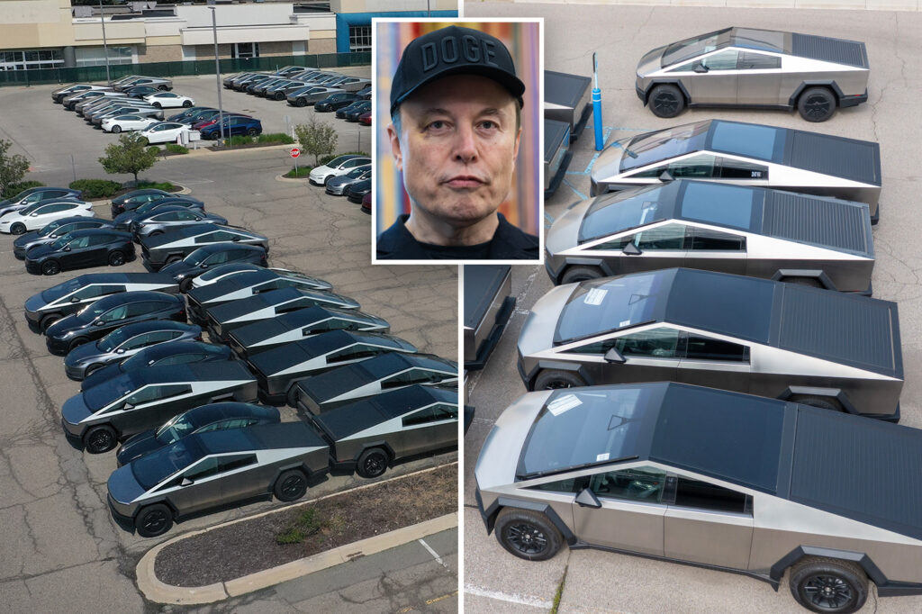 Dozens of Tesla Cybertrucks Unitted are accumulated in the Michigan Shopping Center car park